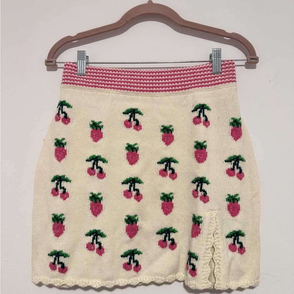 LoveShackFancy Cream and Pink Smocked Mini Skirt